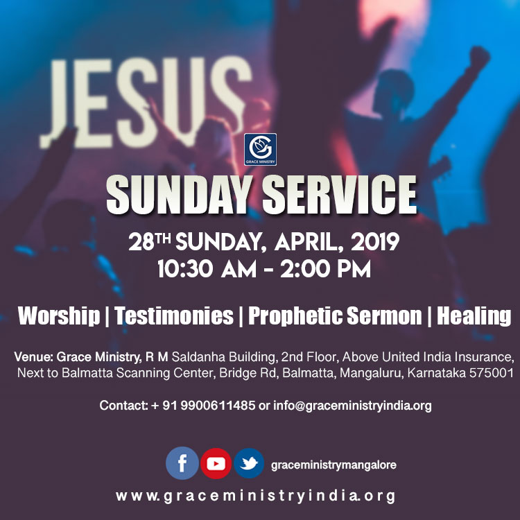 Join the Sunday Prayer Service at Balmatta Prayer Center of Grace Ministry in Mangalore on Sunday, April 28th, 2019, at 10:30 AM.